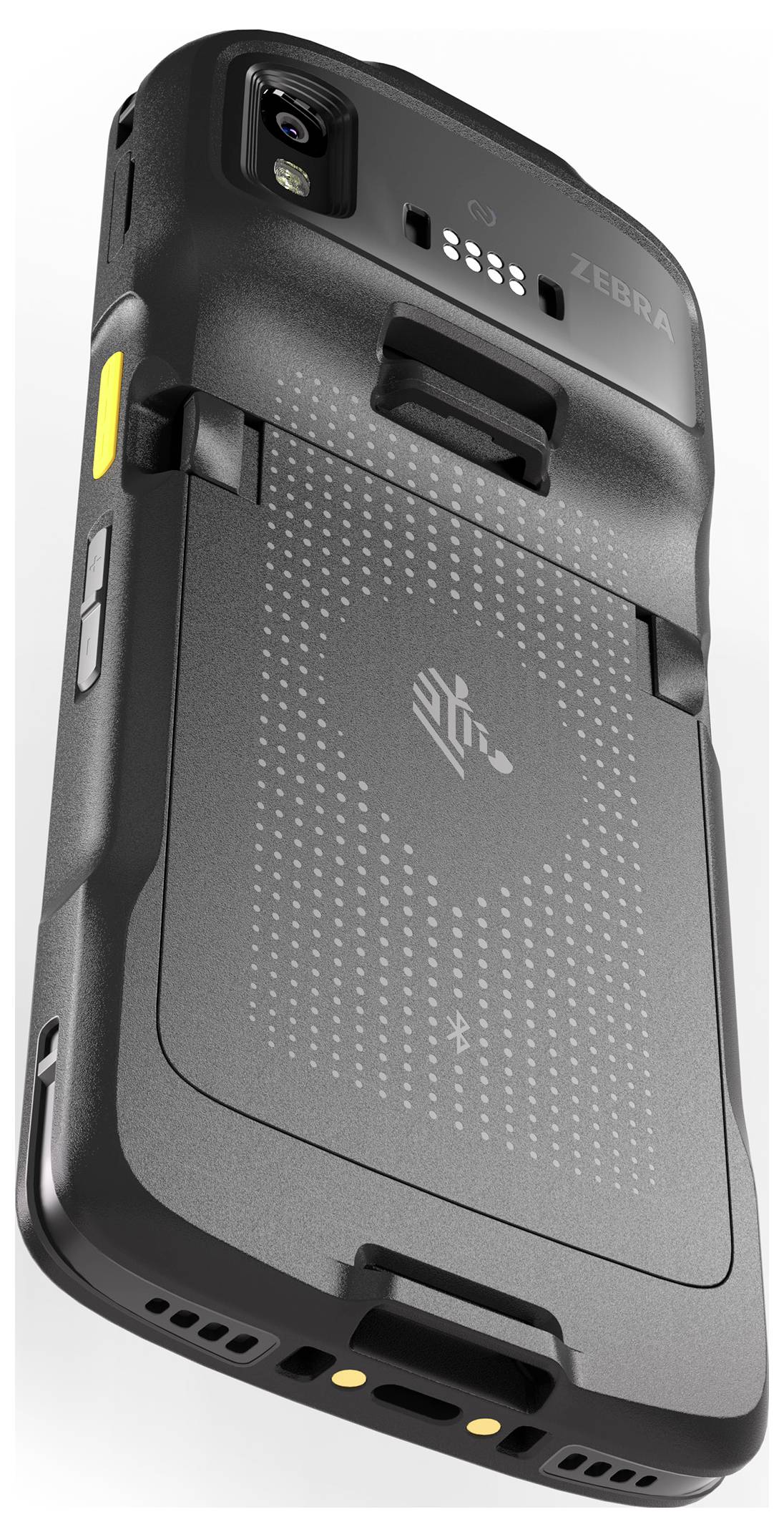 Czarny handheld Zebra shown from the back, z kamerą, modułem skanera, bocznym żółtym przyciskiem i wytrzymałą teksturowaną obudową.