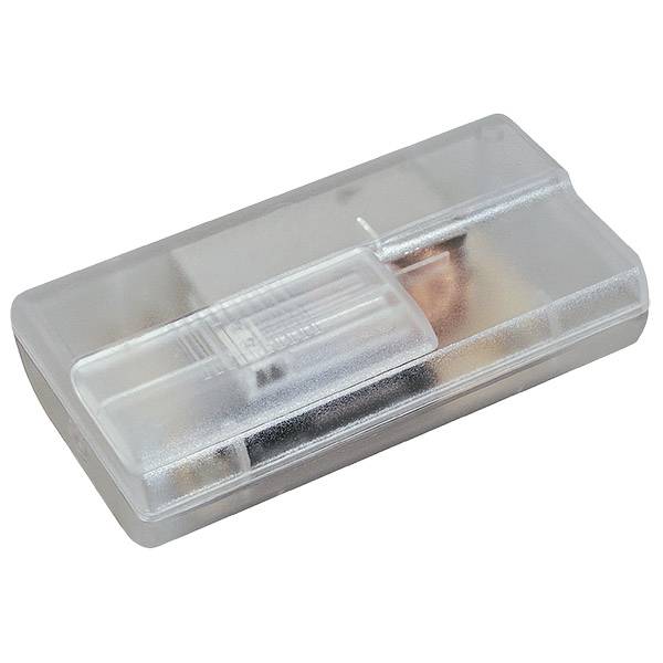 Prostokątne urządzenie z przezroczystego plastiku z przezroczystą pokrywą przesuwną, pokazujące małą, wewnętrzną miedź i czarny komponent w środku.