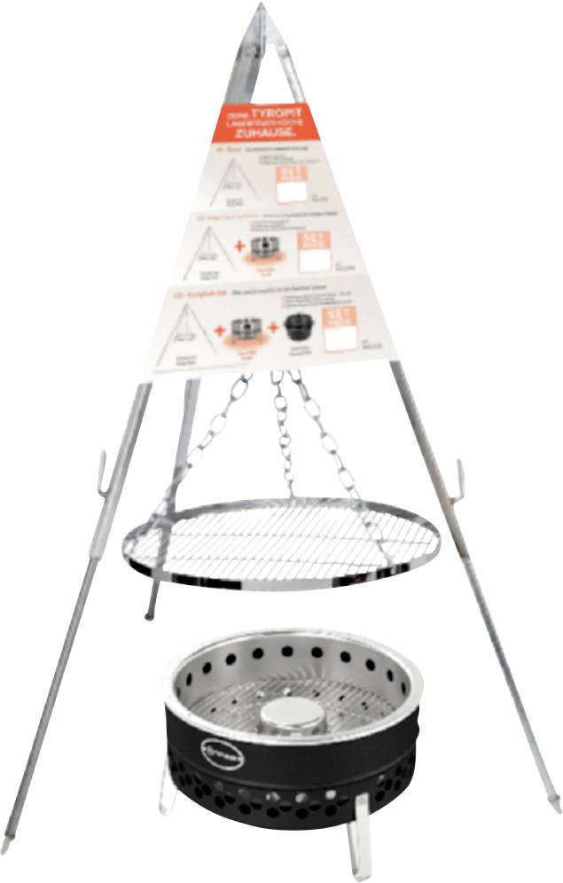Przenośny grill na trójnogu z wiszącą kratką do zawieszania i okrągłą misą na węgiel drzewny na białym tle