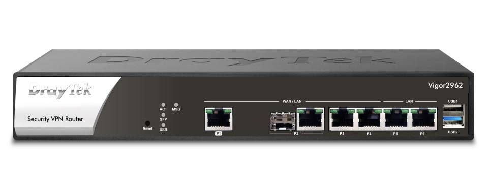 Widok z przodu routera VPN DrayTek Security, model Vigor2962, pokazujący diody statusu, porty WAN/LAN i porty USB.