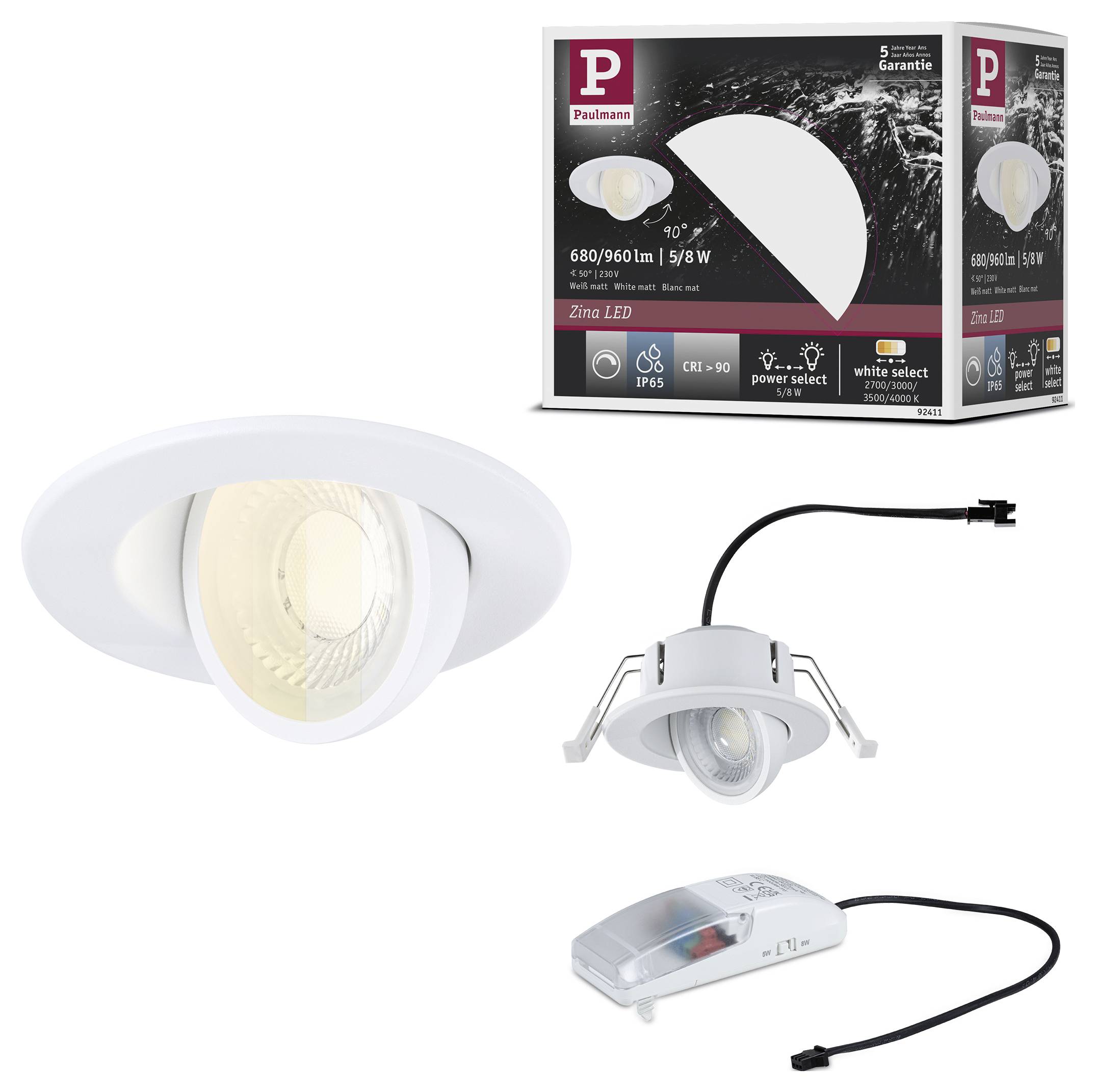 Obraz produktu przedstawiający wbudowaną lampę punktową LED Paulmann Zina z opakowaniem, białą ramką, regulowaną lampę sufitową oraz oddzielną jednostkę sterownika.