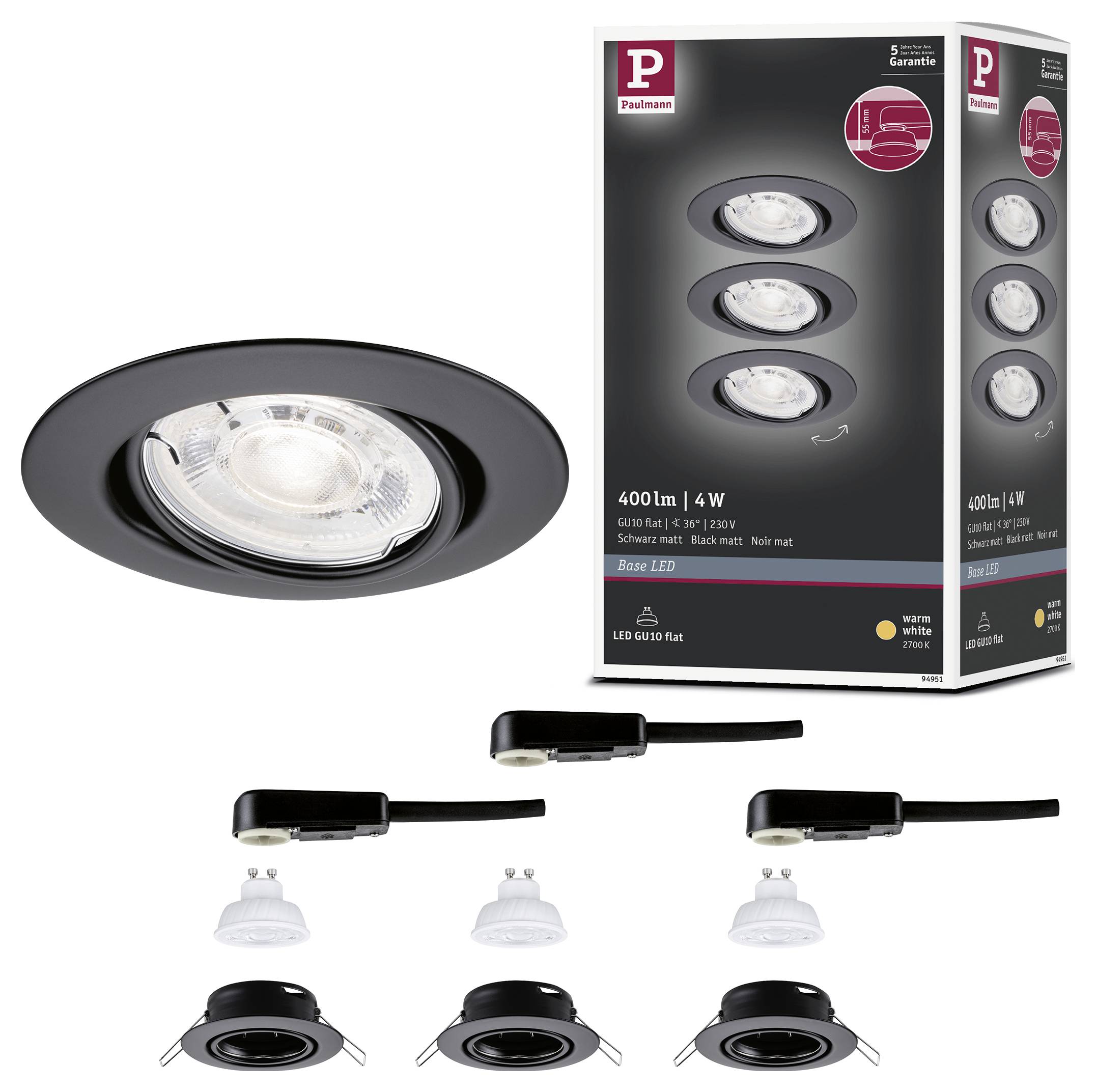 Obraz produktu czarnego zestawu wpustowego reflektora LED z trzema regulowanymi głowicami reflektorów i opakowaniem oznaczonym „400 lm | 4 W" i „Base LED".