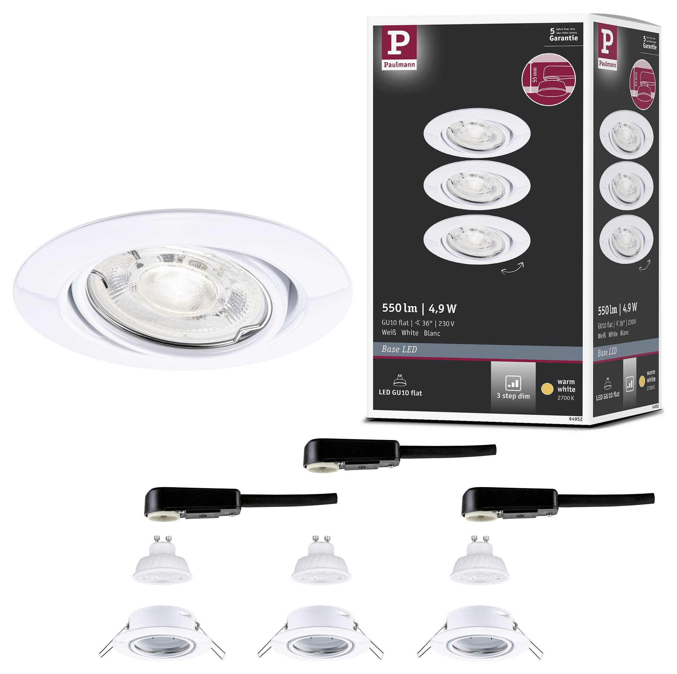 Zestaw trzech białych sufitowych opraw punktowych LED z czarnymi skrzynkami transformatorowymi i opakowaniem produktu do lamp 4,9W, 550 lm.
