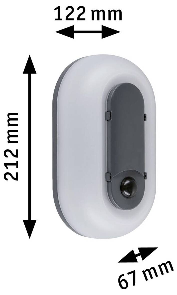 Urządzenie owalne montowane na ścianie pokazane w widoku trójwymiarowym z wymiarami: 212 mm wysokości, 122 mm szerokości i 61 mm głębokości.