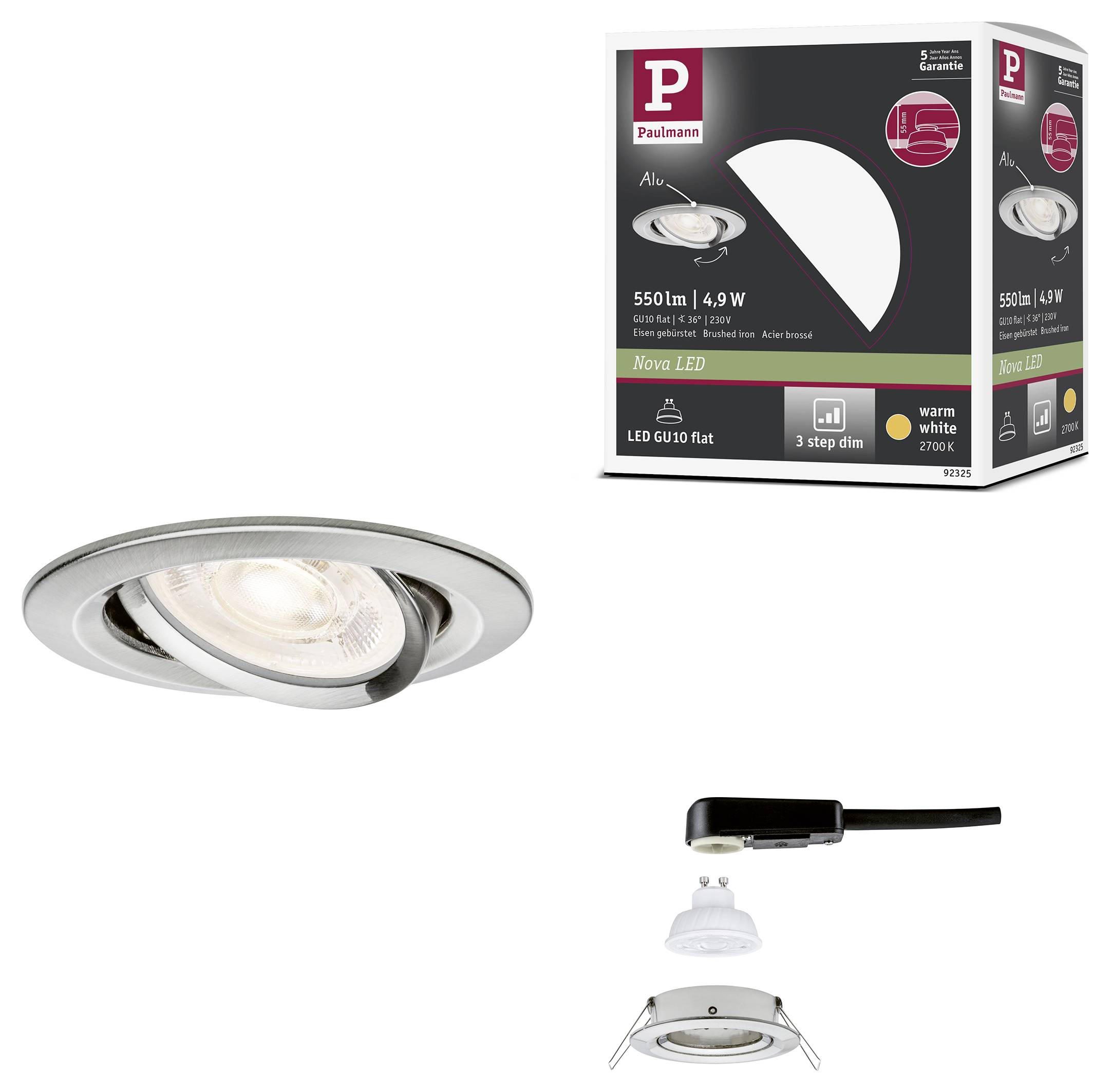 Obraz produktu ściemnialnego wpuszczanego punktowego oświetlenia sufitowego Paulmann Nova LED GU10, pokazujący żarówkę i opakowanie, a także części do instalacji.