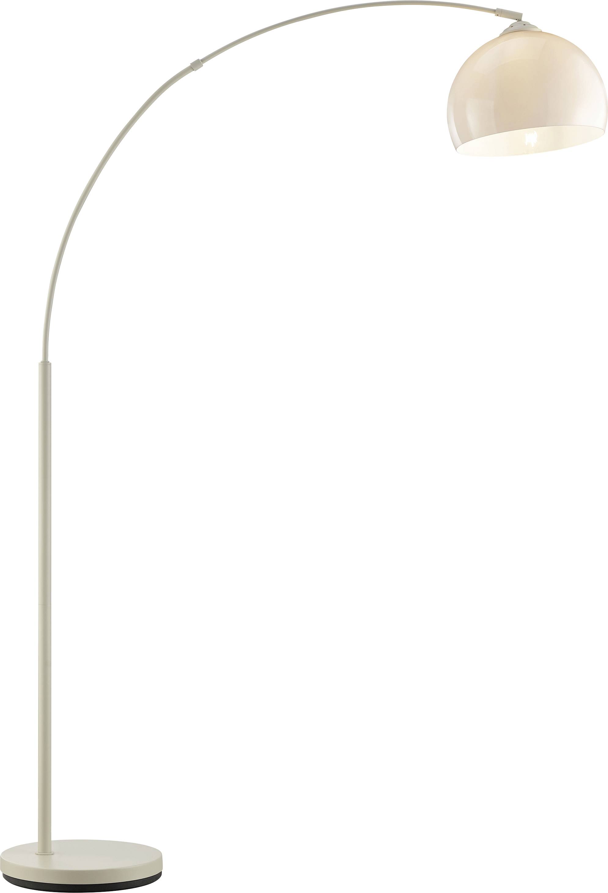 Wysoka lampa podłogowa z łukowatym ramieniem, beżową podstawą, smukłym słupkiem i kremową osłoną w kształcie kopuły.