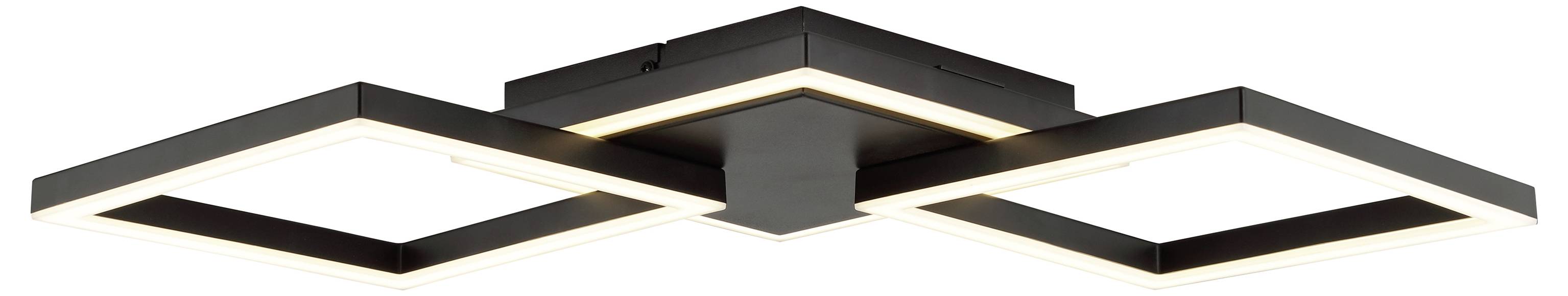 Nowoczesna lampa sufitowa z trzema oświetlonymi kwadratowymi panelami LED ułożonymi w kształcie litery T na czarnej podstawie, emitująca miękkie białe światło.