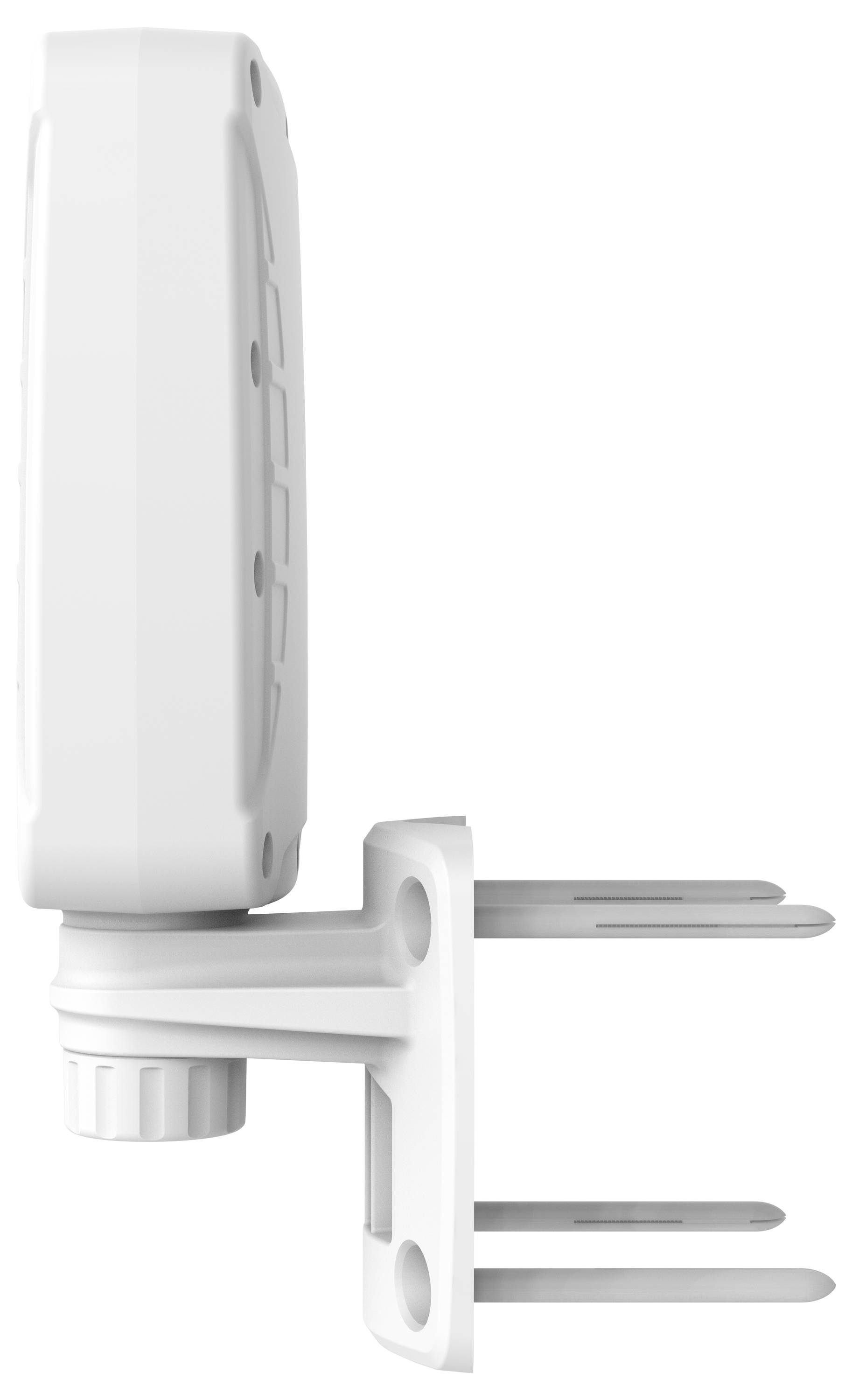 Widok boczny białego termostat lub urządzenia sterującego zamontowanego na ścianie na regulowanym uchwycie, pokazujący urządzenie przymocowane do płyty montażowej z poziomymi ramionami wsparcia.