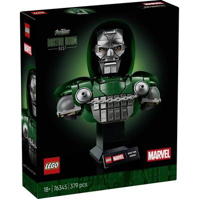 Zestaw klocków LEGO Marvel Avengers Doctor Doom Bust, opakowanie pudełka pokazujące zielonosrebrny bust Doktora Dooma; oznaczony 18+, 76345, 379 elementów.