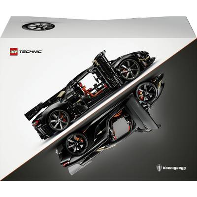 Grafika opakowania zestawu LEGO Technic Koenigsegg przedstawiająca czarny samochód sportowy w dwóch widokach pod kątem, z których jeden pokazuje podwozie i wnętrze.