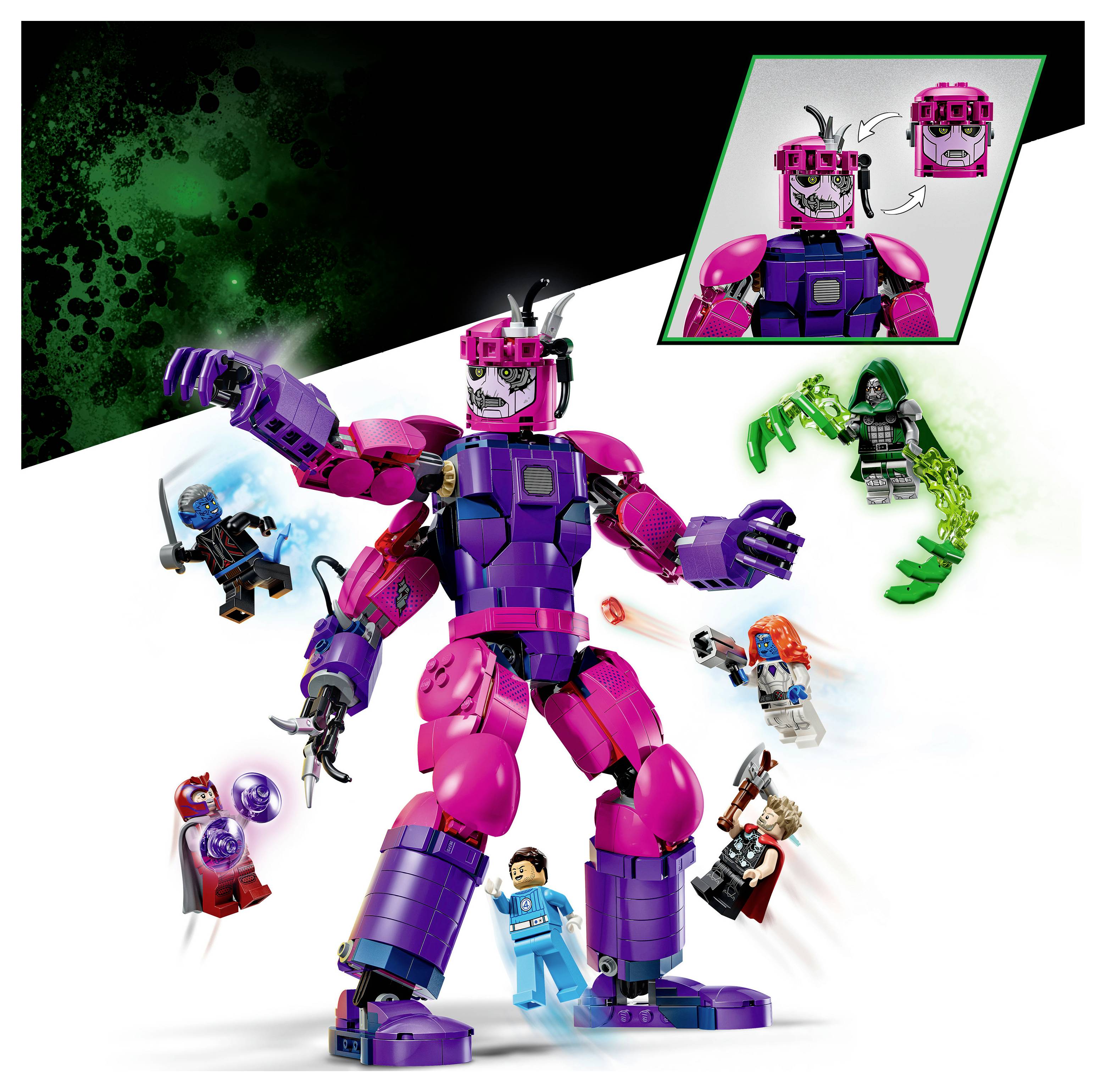 Figurka gigantycznego złoczyńcy LEGO Marvel Kingpin w kolorach różowego i purpury, otoczona mniejszymi minifigurkami z efektami akcji; wstawka pokazuje transformację części głowy.