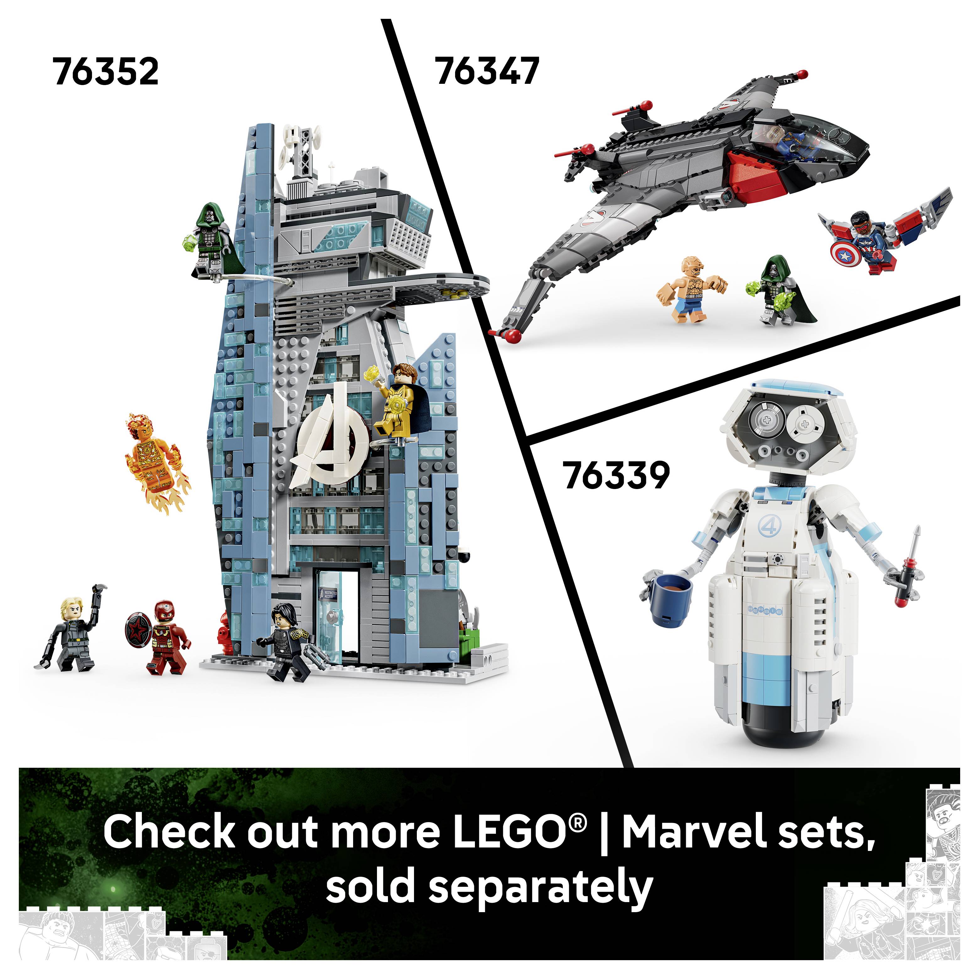 Promocyjny obraz LEGO Marvel przedstawiający trzy numery zestawów: 76352 budowla wieży Avengersów, 76347 czarno-szary Quinjet i 76339 biała postać robota.