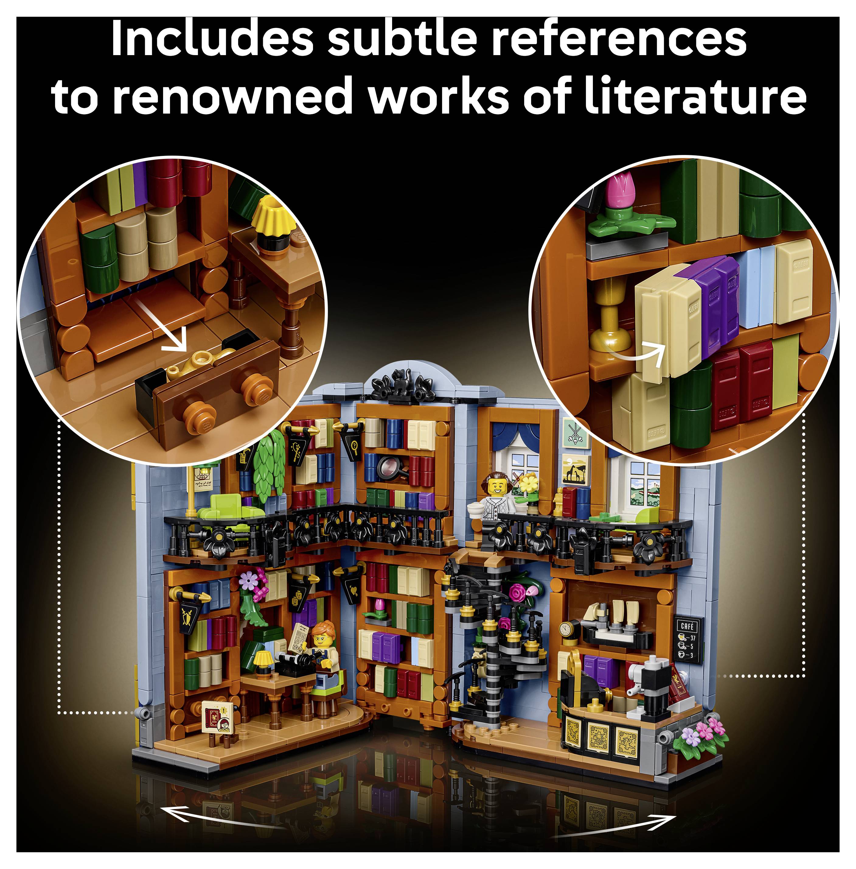 Promocyjny obraz wnętrza biblioteki modułowej w stylu LEGO z wstawionymi zbliżeniami ukrytych nawiązań do literatury, oznaczonych jako „Zawiera subtelne nawiązania do dzieł światowej literatury".