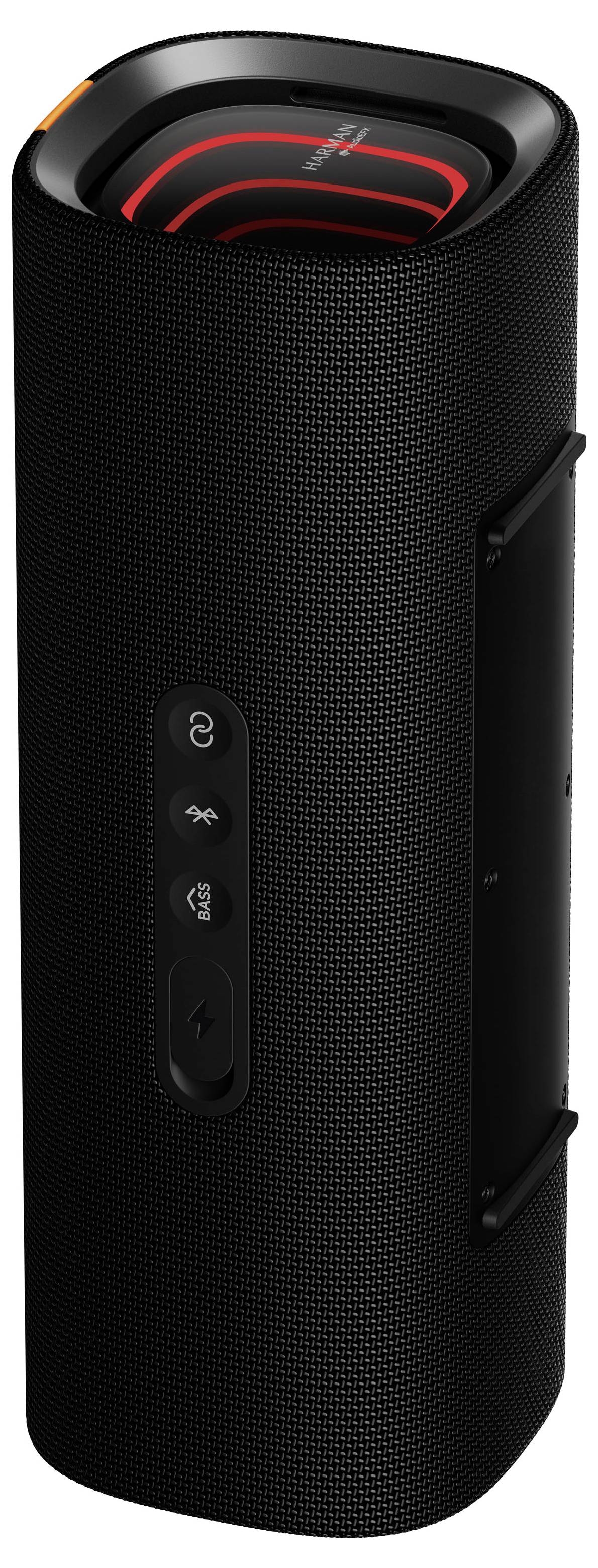 Czarna cylindryczna przenośna głośnik Bluetooth z czerwonymi podświetlanymi akcentami na górze i przyciskami sterowania z przodu.