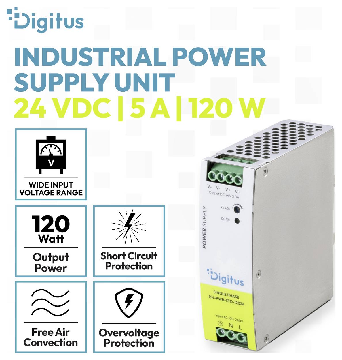 Przemysłowe urządzenie zasilające Digitus, 24 VDC, 5 A, 120 W, z szerokim zakresem napięcia wejściowego, ochroną przed zwarciem i przepięciem oraz chłodzeniem przez naturalną konwekcję.