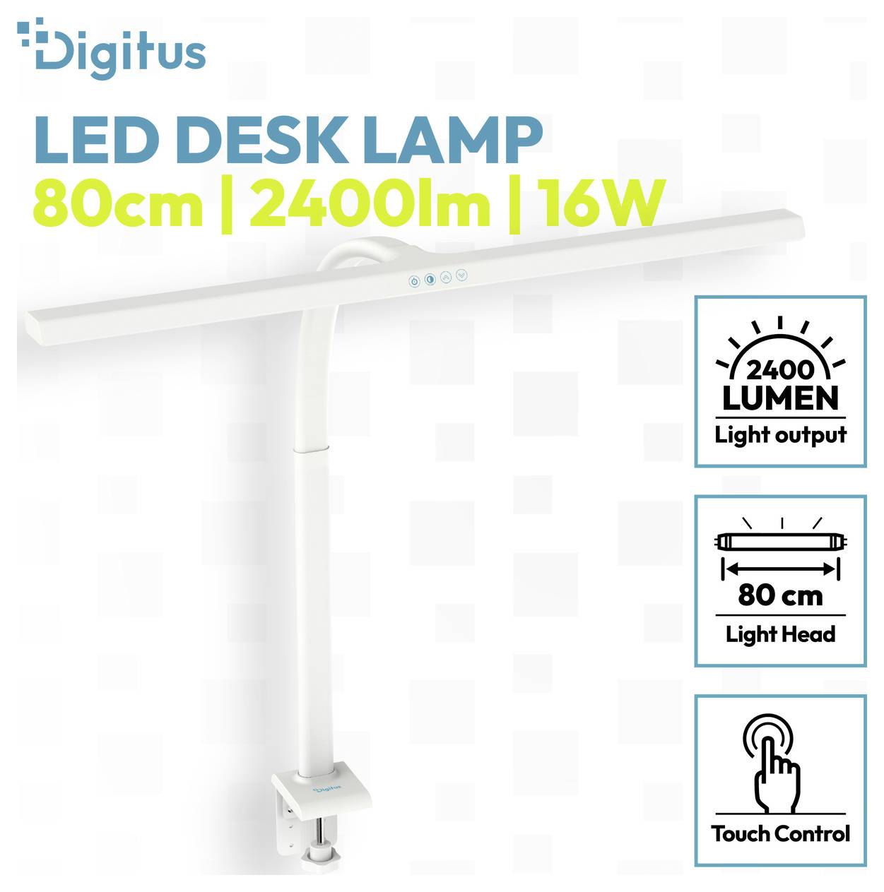 Obraz produktu lampy biurkowej Digitus LED, biała, z głowicą oświetlającą 80 cm, 2400 lumenów, 16W i sterowaniem dotykowymi.