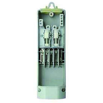 Zielona oprawka elektryczna beznika lub panel przełączników zasilania z czterema szczelinami na przełączniki i metalowymi złączami, pokazana frontem na jednolitym tle.