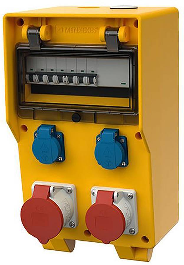 Żółte urządzenie do dystrybucji energii elektrycznej z panelem wyłączników i czterema gniazdami wylotowymi na przedniej stronie, dwa niebieskie i dwa czerwone.