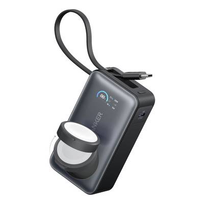 Przenośny power bank z cyfrowym wyświetlaczem poziomu baterii i wbudowaną latarnią LED, pokazany z podłączonym kablem USB.