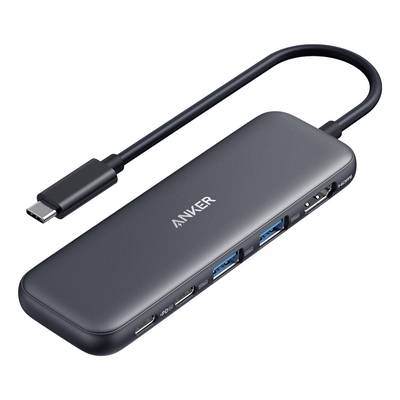 Koncentrator Anker USB-C z dołączonym przewodem, wyposażony w wiele portów, w tym USB-A, HDMI, czytnik kart SD, Ethernet i dostarczanie energii USB-C.