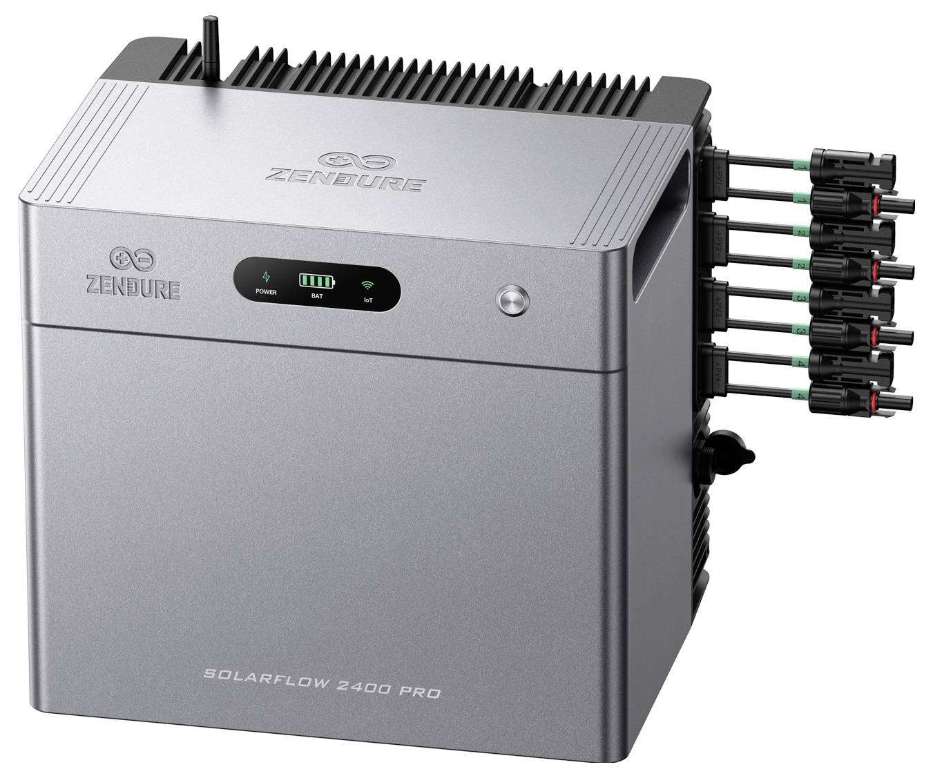 Bateria Zenure SolarFlow 2400 Pro z sześcioma połączonymi wtyczkami kablowymi po prawej stronie i małym wyświetlaczem stanu na przedzie.