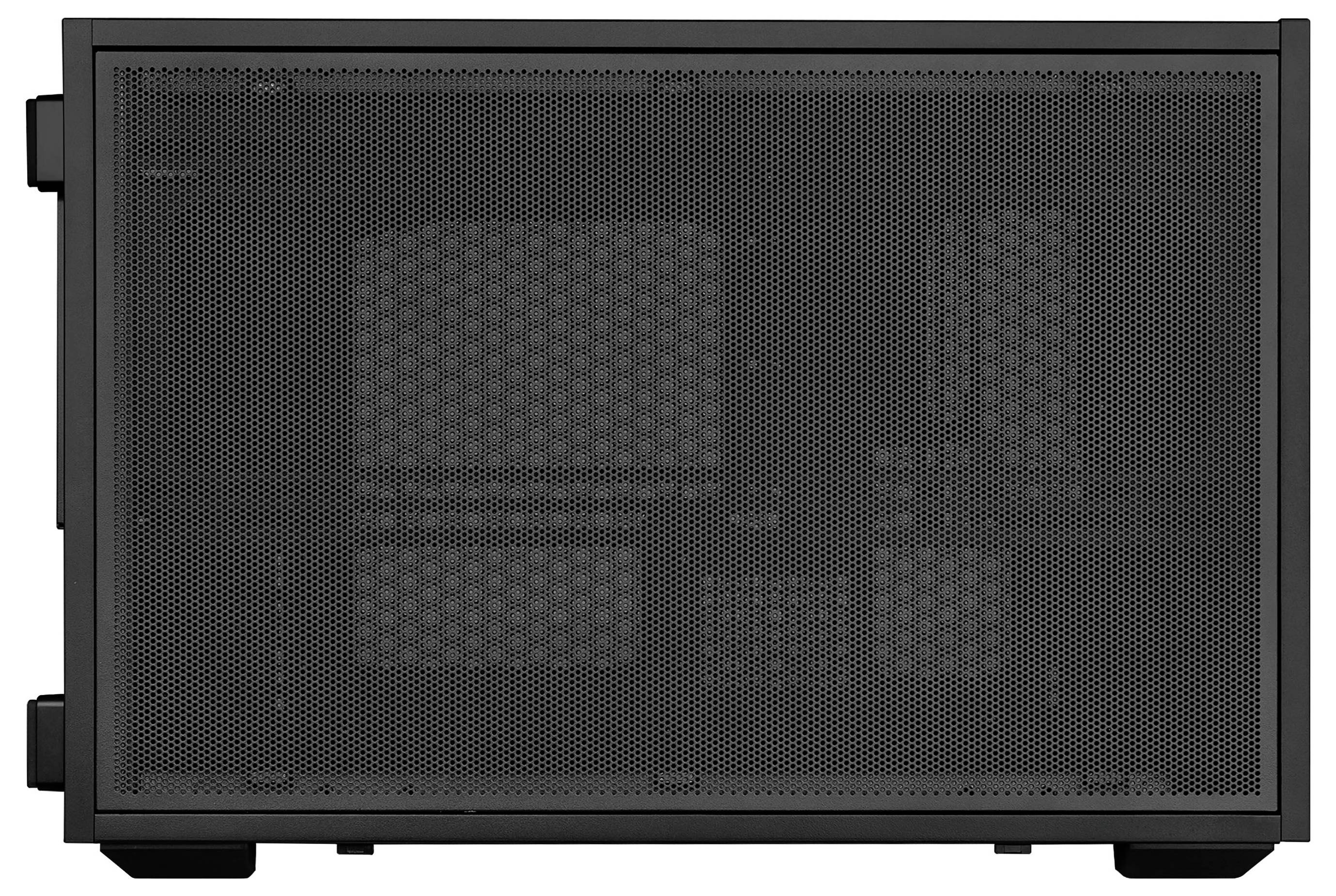 Czarna metalowa obudowa komputera z siatką bocznym panelem, z wewnętrznymi komponentami słabo widocznymi za nią.
