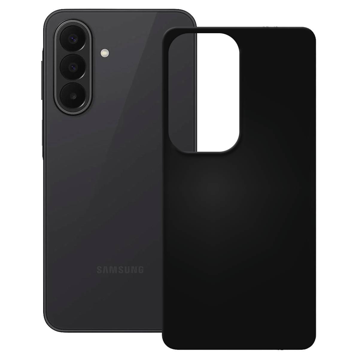 Czarna telefon Samsung pokazany z pasującym czarnym etui ochronnym wyposażonym w duży pionowy wycięcie na kamerę.