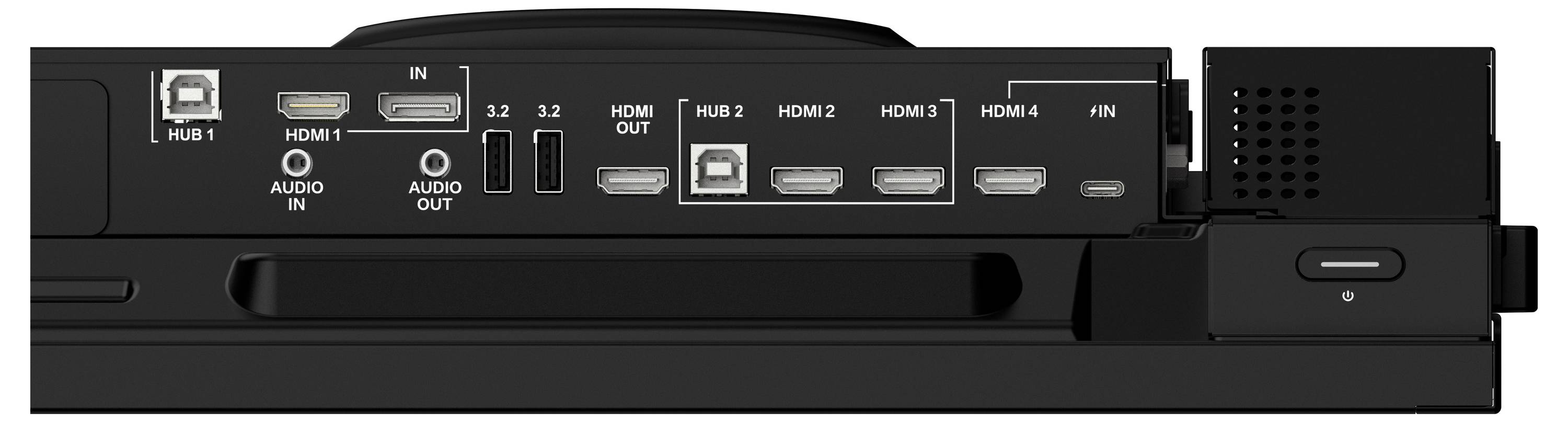 Widok tylny concentratora/urządzenia ze wskazanymi portami: Hub 1 i Hub 2, HDMI 1-4, USB 3.2, wejście/wyjście audio oraz połączenia zasilania/wejścia.
