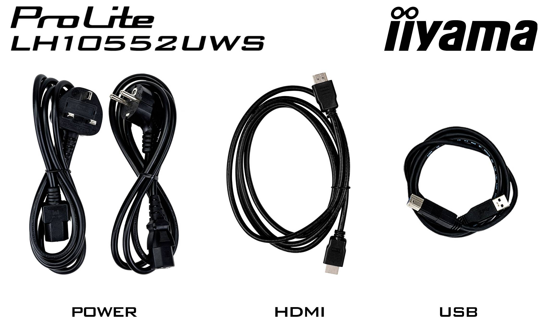 Obraz produktu iiyama ProLite LH1055UWS pokazujący dołączone kable: zasilające, HDMI i USB.