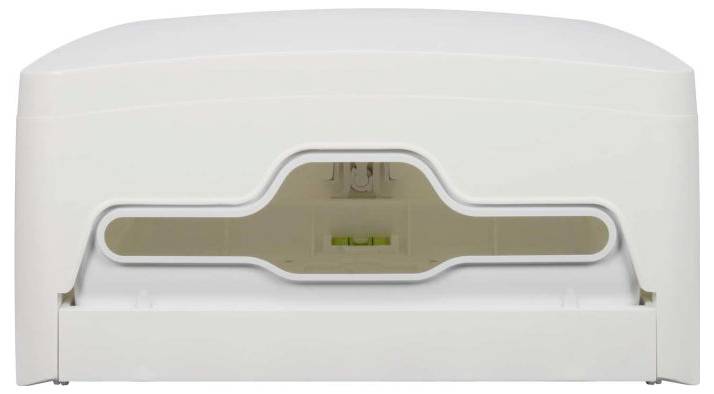 Biały plastikowy przód urządzenia ze skoncentrowanym wgłębionym otworem, prawdopodobnie ścienny dozownik lub obudowa urządzenia.