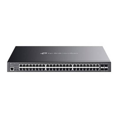 Widok frontalny przełącznika sieciowego TP-Link do montażu na stojaku z 48 portami Ethernet i dwoma portami uplink, pokazany na białym tle.