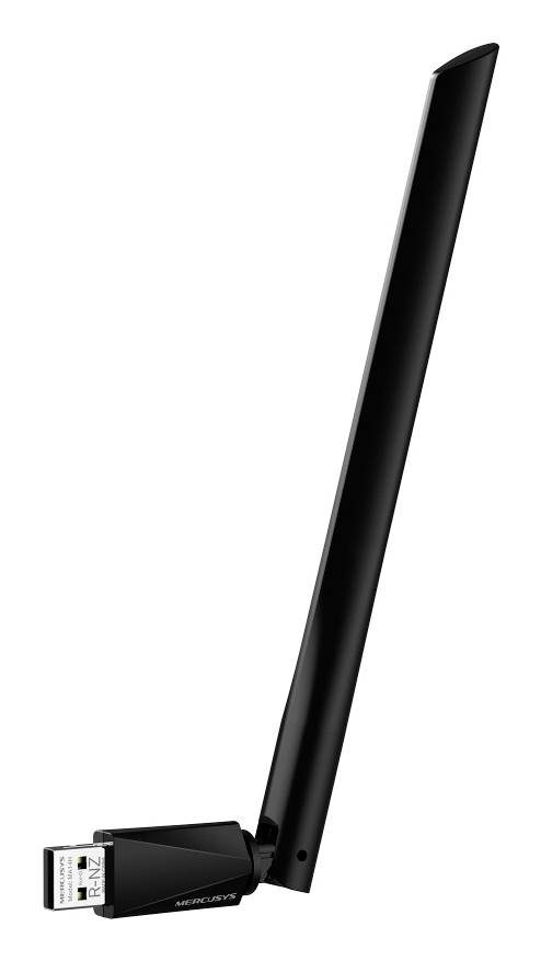 Czarna karta sieciowa USB Wi-Fi z długą anteną zewnętrzną na białym tle.