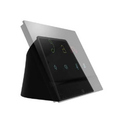 Czarny inteligentny panel sterujący z podświetlanymi ikonami dotykowych, pokazany na szarej płycie montażowej w renderze w stylu produktu.