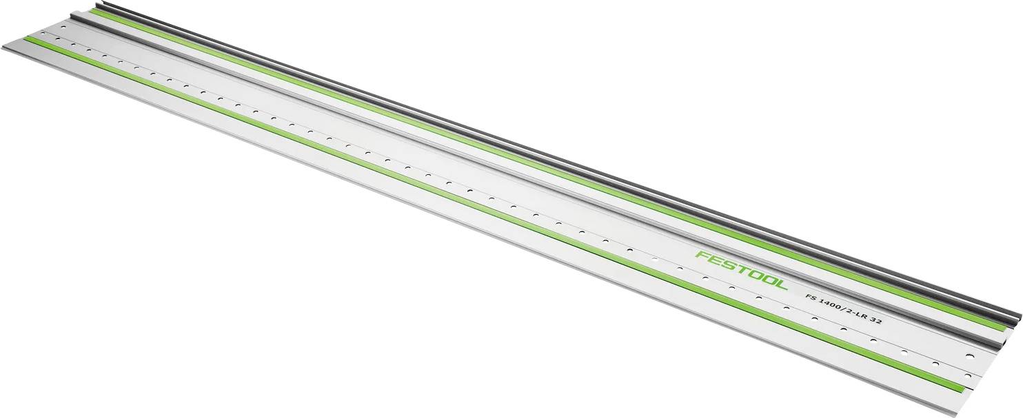Długa aluminiowa szyna prowadnica z zielonymi akcentami i etykietą 'FESTOOL', pokazana w perspektywie na białym tle.