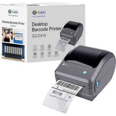 Drukarka kodów kreskowych G&G Desktop GG-D410 pokazana z wydrukowymi etykietami kodów kreskowych i opakowaniem detalicznym.