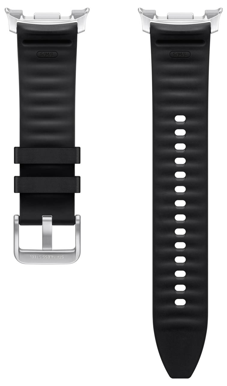 Czarny pasek do zegarka pokazany z przodu i z tyłu, z metalową klamrą i wieloma otworami regulacyjnymi.