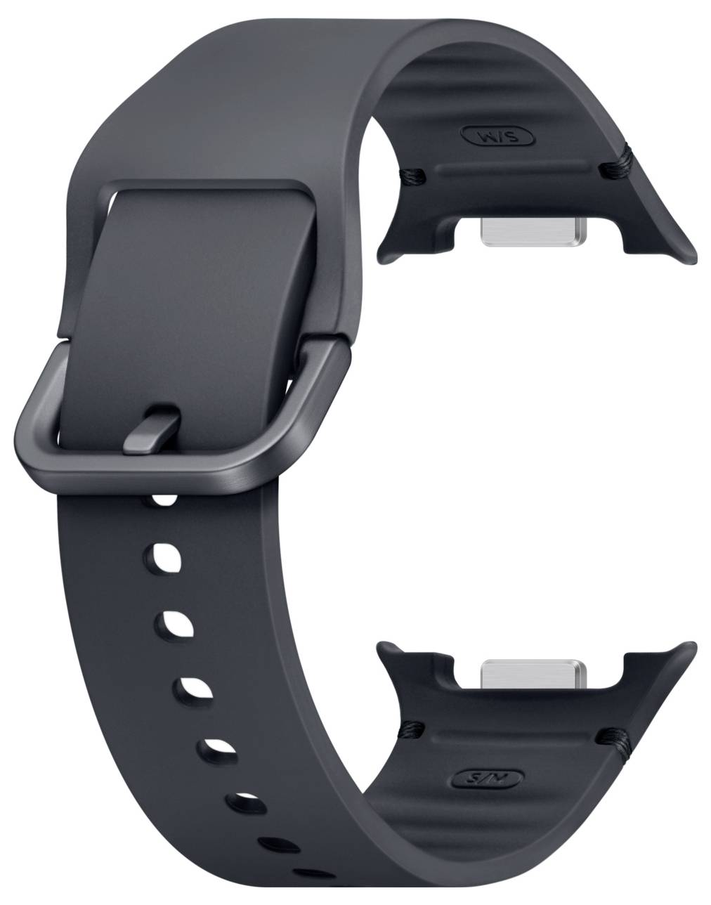 Czarna silikonowa opaska smartwatch'a z klamerką i perforowanym paskiem, pokazana w zbliżeniu w stylu produktu na białym tle.