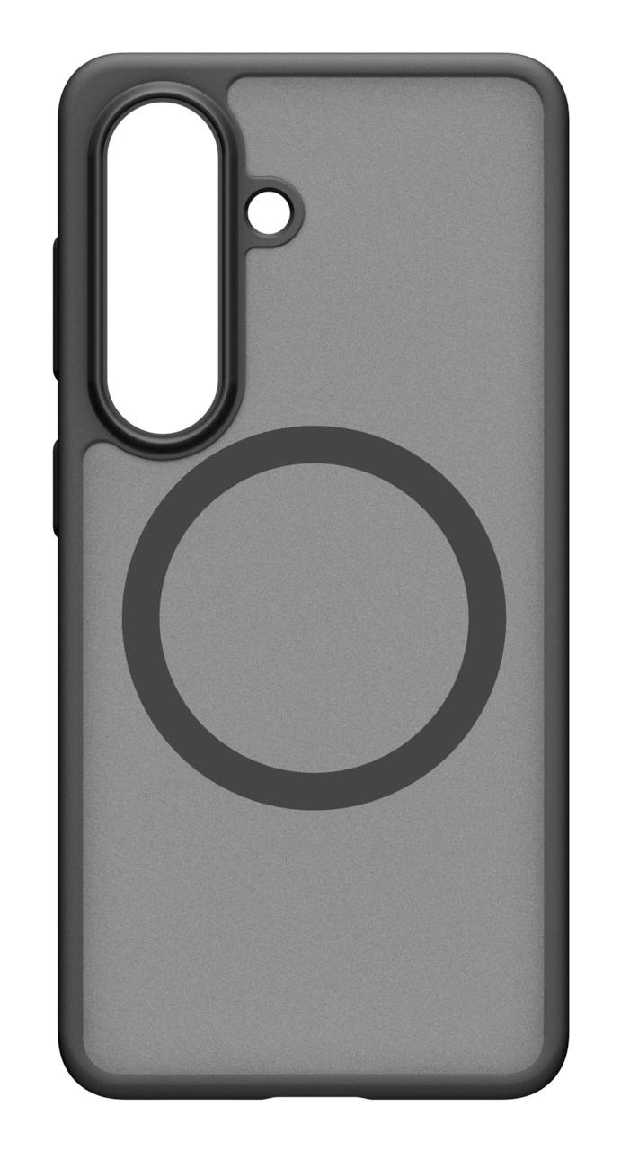 Szara obudowa smartfona z dużym okrągłym pierścieniem MagSafe i pionowym wycięciem na kamerę w górnej lewej części.