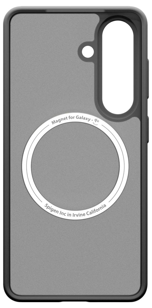 Szara obudowa smartfona z magnesowym pierścieniem w stylu MagSafe i dużym pionowym wycięciem na aparat.
