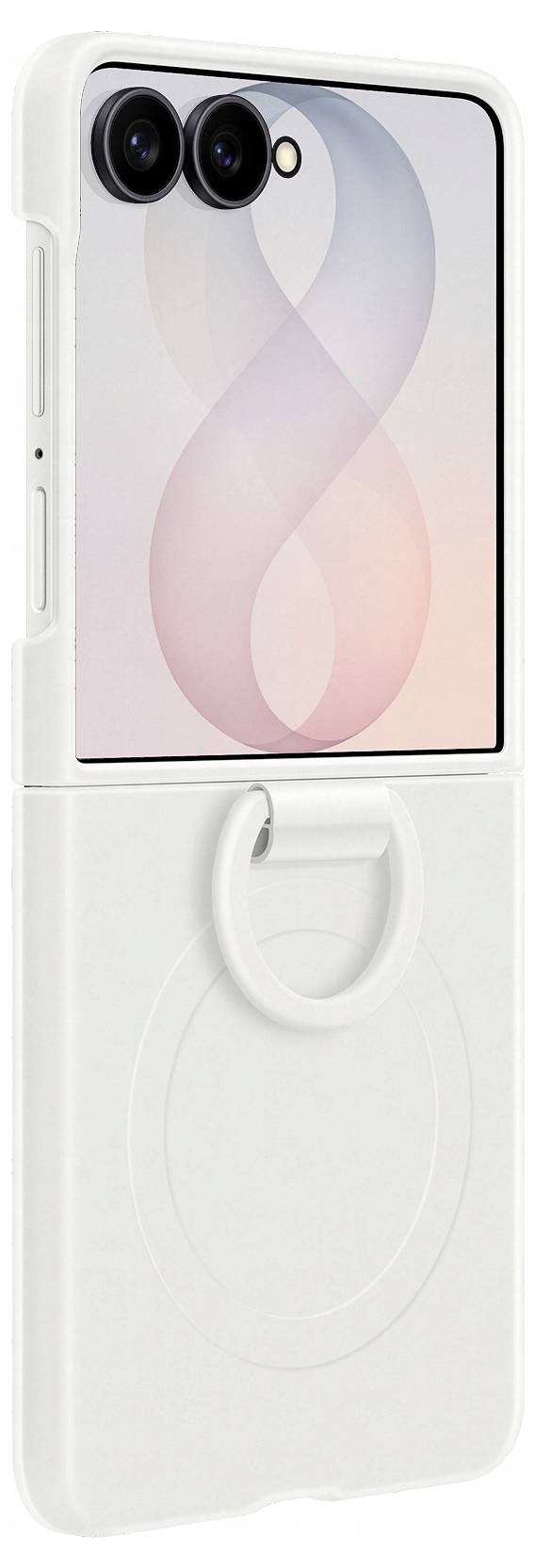 Biały futerał do smartfona z zintegrowanym pierścieniem MagSafe i dużym wycięciem pokazującym podwójne aparaty tylne telefonu oraz design ekranu w pastelowych kolorach.
