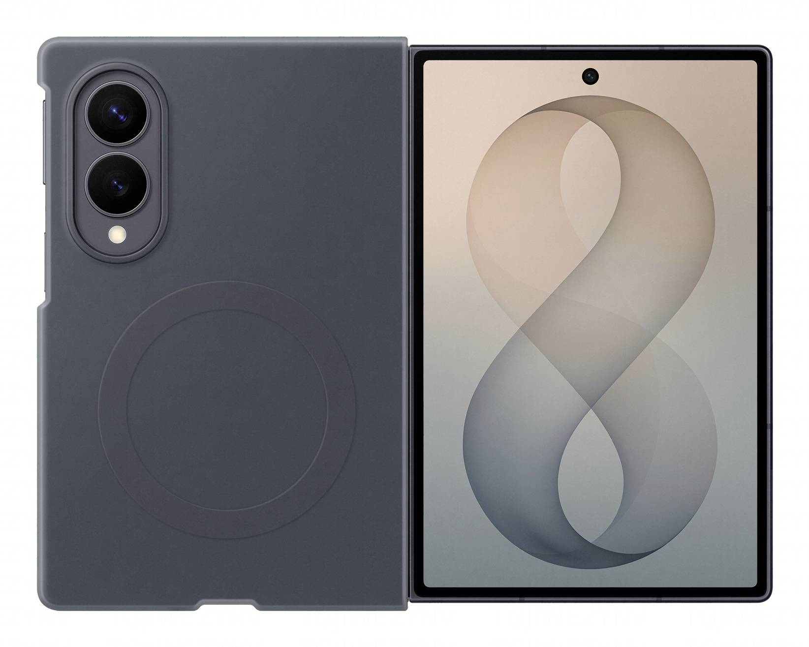 Składany smartfon przedstawiony z przodu i z tyłu, w ciemnym etui ochronnym i podwójnymi kamerami tylnymi po lewej stronie oraz rozłożonym wyświetlaczem po prawej stronie