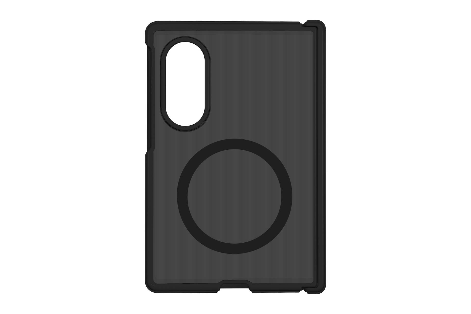 Czarne etui do smartfona z dużym okrągłym pierścieniem w stylu MagSafe i pionowym wycięciem na aparat w lewym górnym rogu.