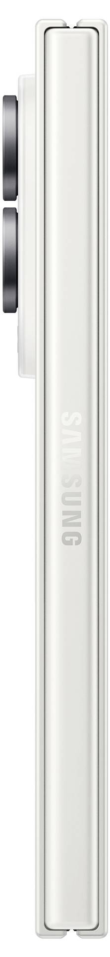 Zbliżenie widoku z boku białego smartfona Samsung prezentujące cienką metalową krawędź, boczne przyciski i delikatne znakowanie SAMSUNG.