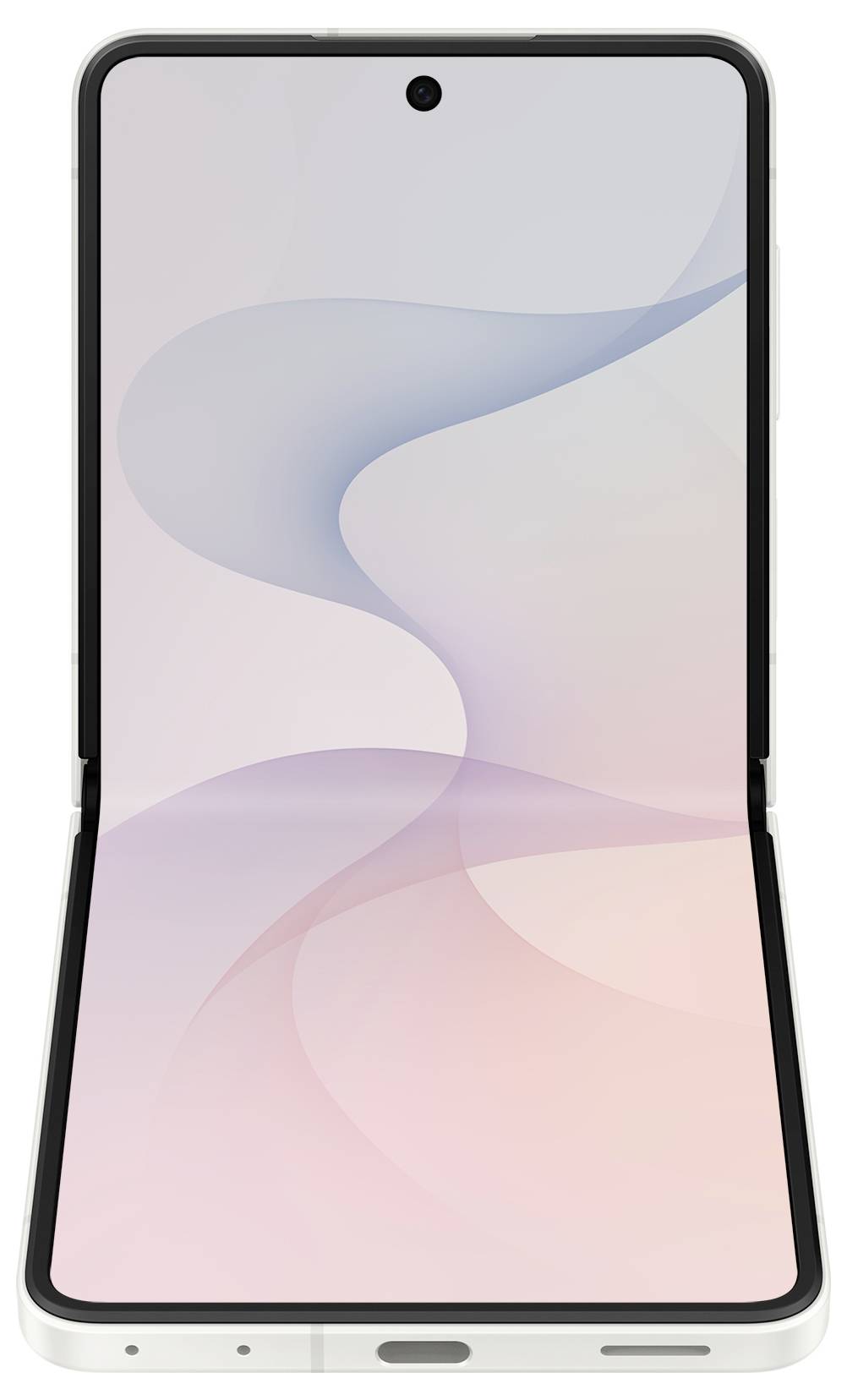 Składany smartfon pokazany w otwartym położeniu, wyświetlający miękki abstrakcyjny tapetę z centralnym otworem kamery frontalnej i smukłymi ramkami.