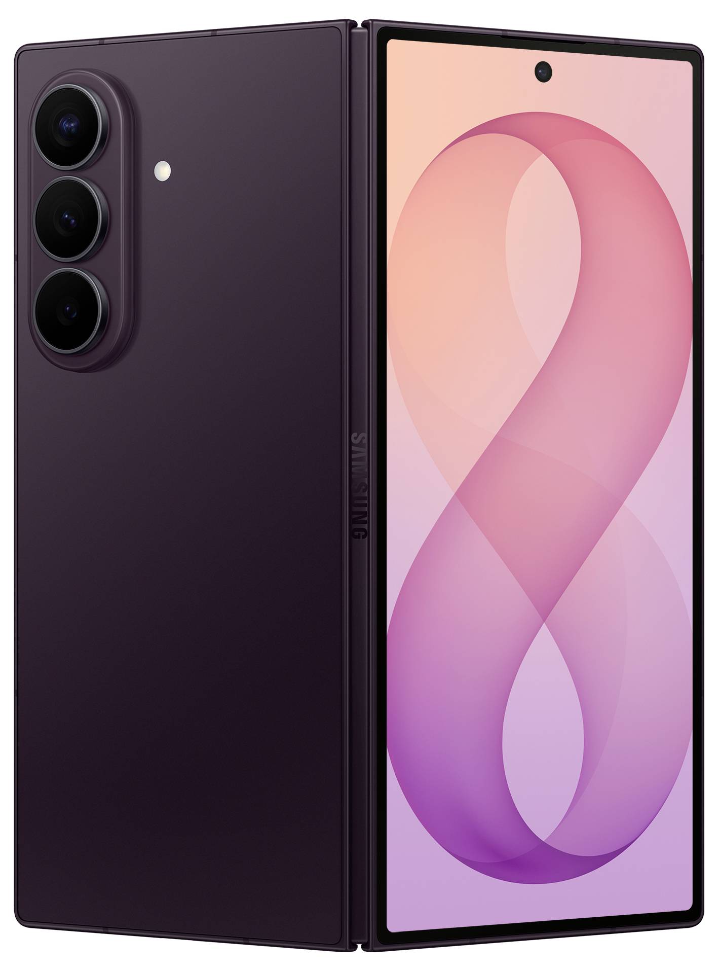 Składany smartfon Samsung pokazany w pozycji otwartej, z fioletowym tyłem i potrójnym aparatem tylnym po lewej stronie oraz różowym abstrakcyjnym tapetą na głównym wyświetlaczu.