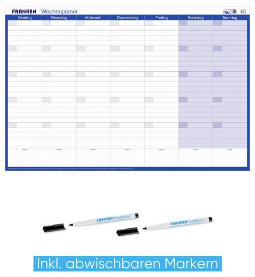 Tygodniowy planner ze schematem oznaczony "FRANKEN Wochenplaner" z kolumnami od poniedziałku do niedzieli; zawiera dwa usuwalne markery.