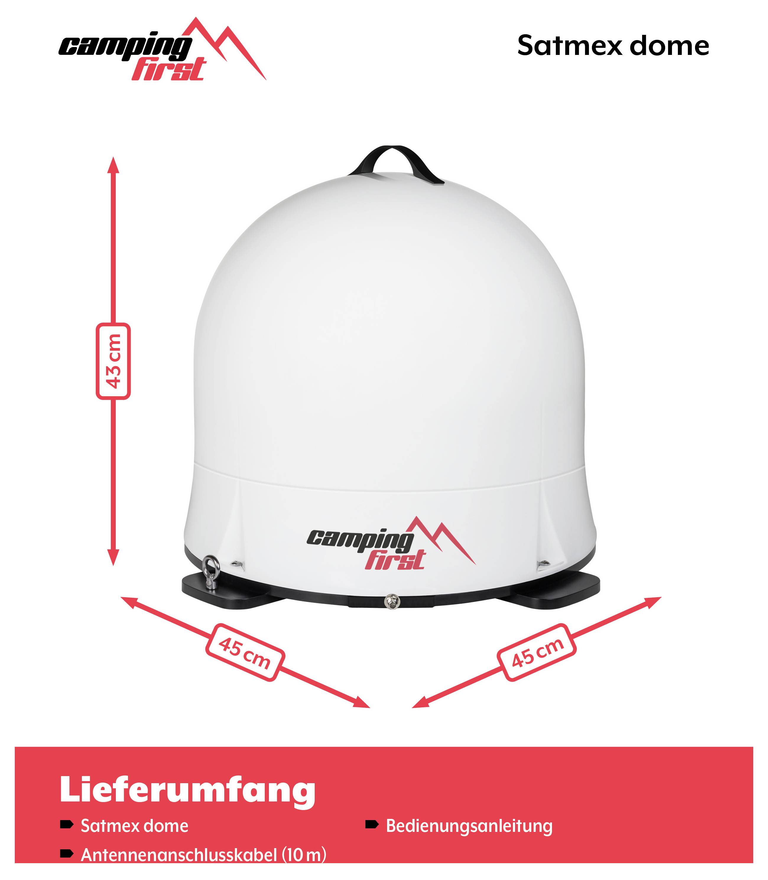Kemping pierwsza kopuła Satmex o wysokości 43 cm i podstawie 45 cm, pokazana z dołączonymi przedmiotami: kabel połączeniowy anteny 10 m i instrukcja obsługi.