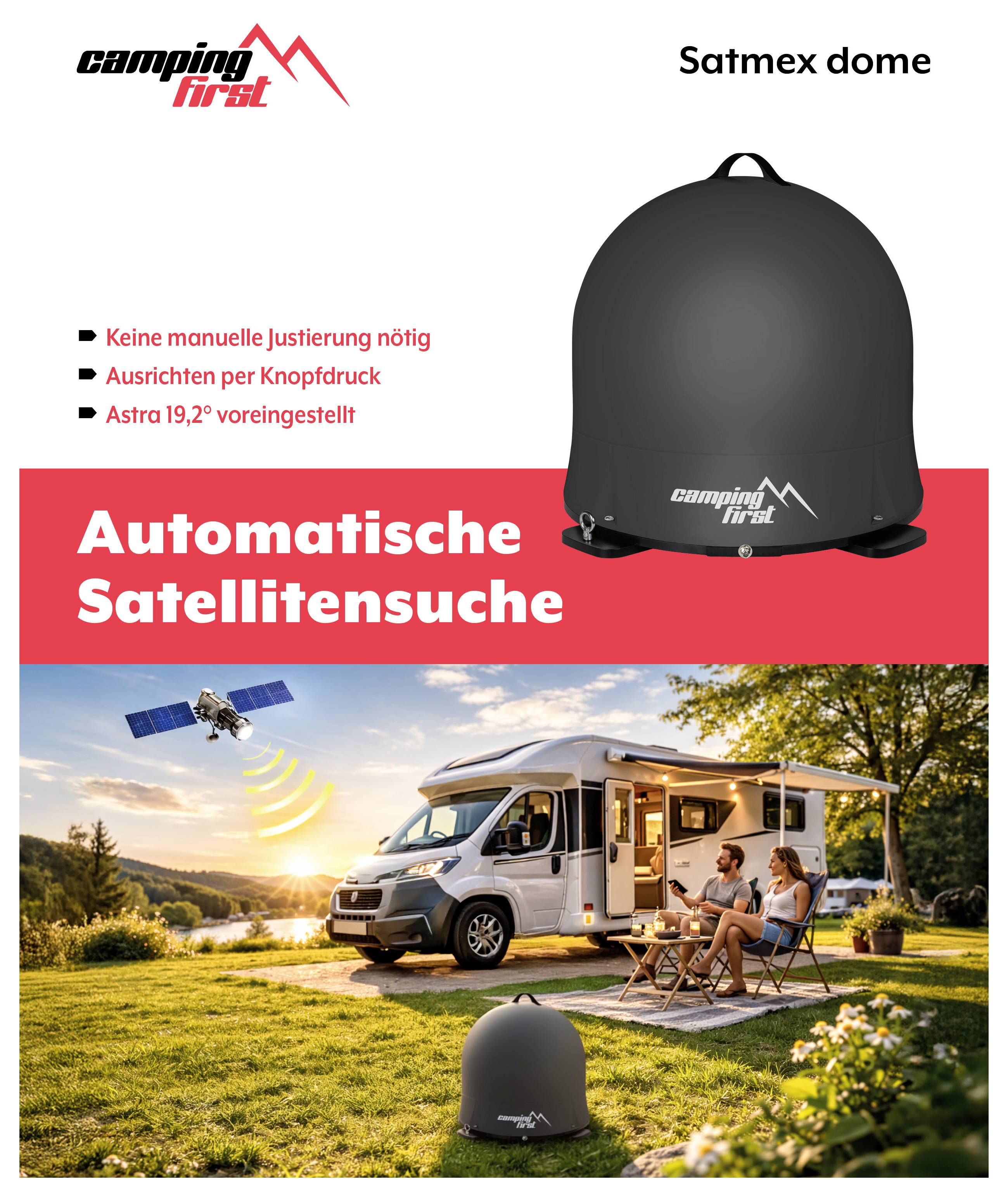 Obraz promocyjny dla "Camping First" kopuły Satmex pokazujący automatyczny system wyszukiwania satelitarnego dla samochodów kempingowych, z korzyściami wymienionymi w języku niemieckim oraz anteną kopułową na kempingu na terenie campingu.