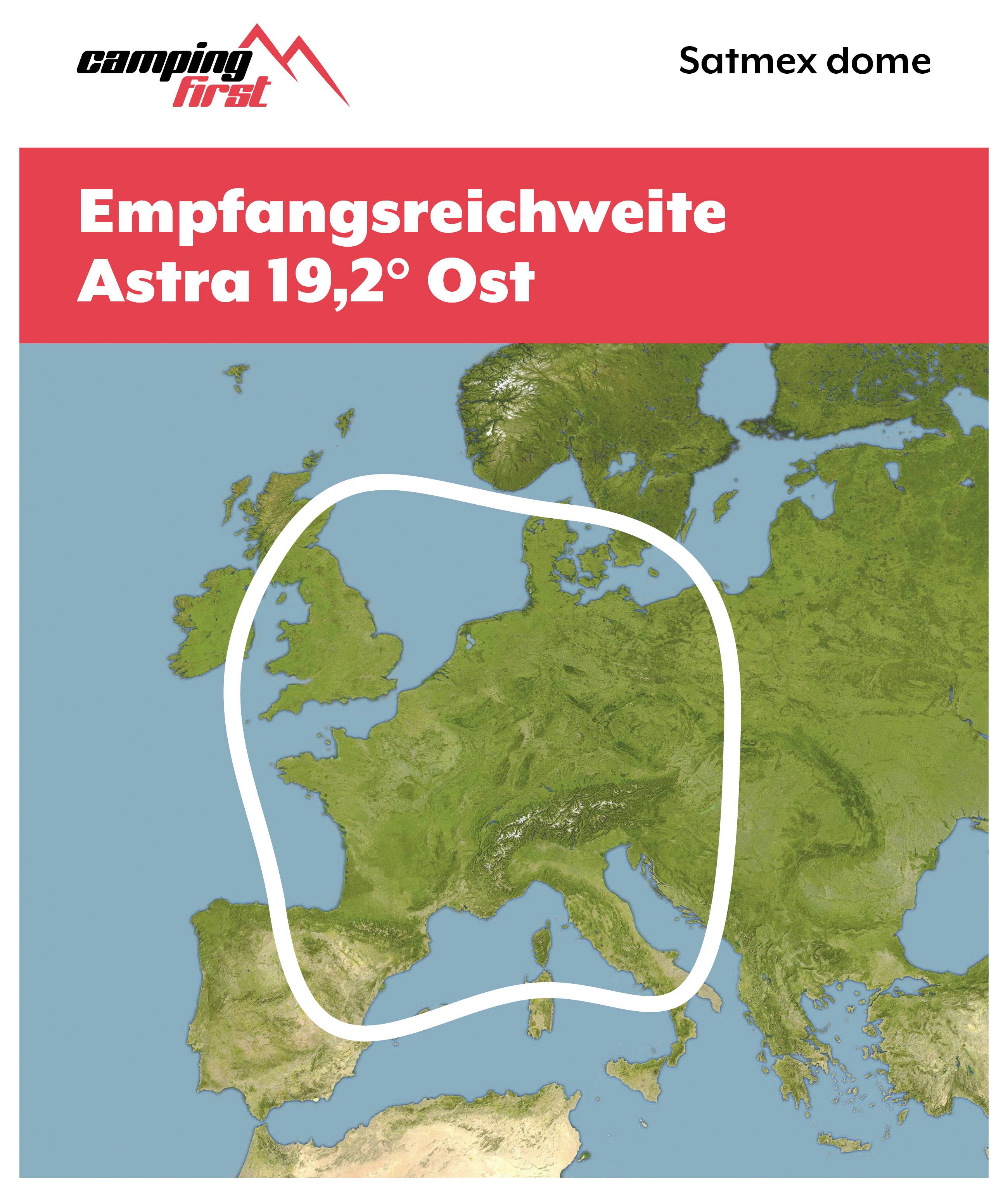 Mapa Europy pokazująca "Zasięg odbioru Astra 19,2° Wschód" z białą linią oznaczającą obszar odbioru satelity.