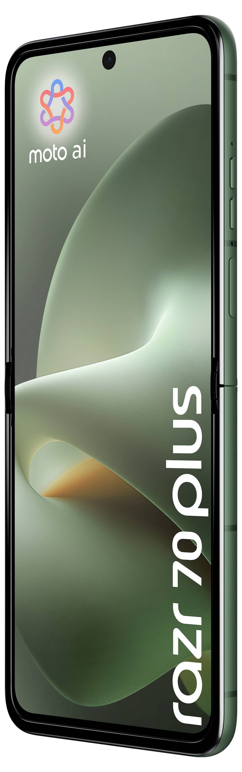 Smartfon Motorola moto AI pokazany z przodu i z boku, z zielonym tapetą ekranu i tekstem 'razr 70 plus' wyświetlanym na wyświetlaczu.